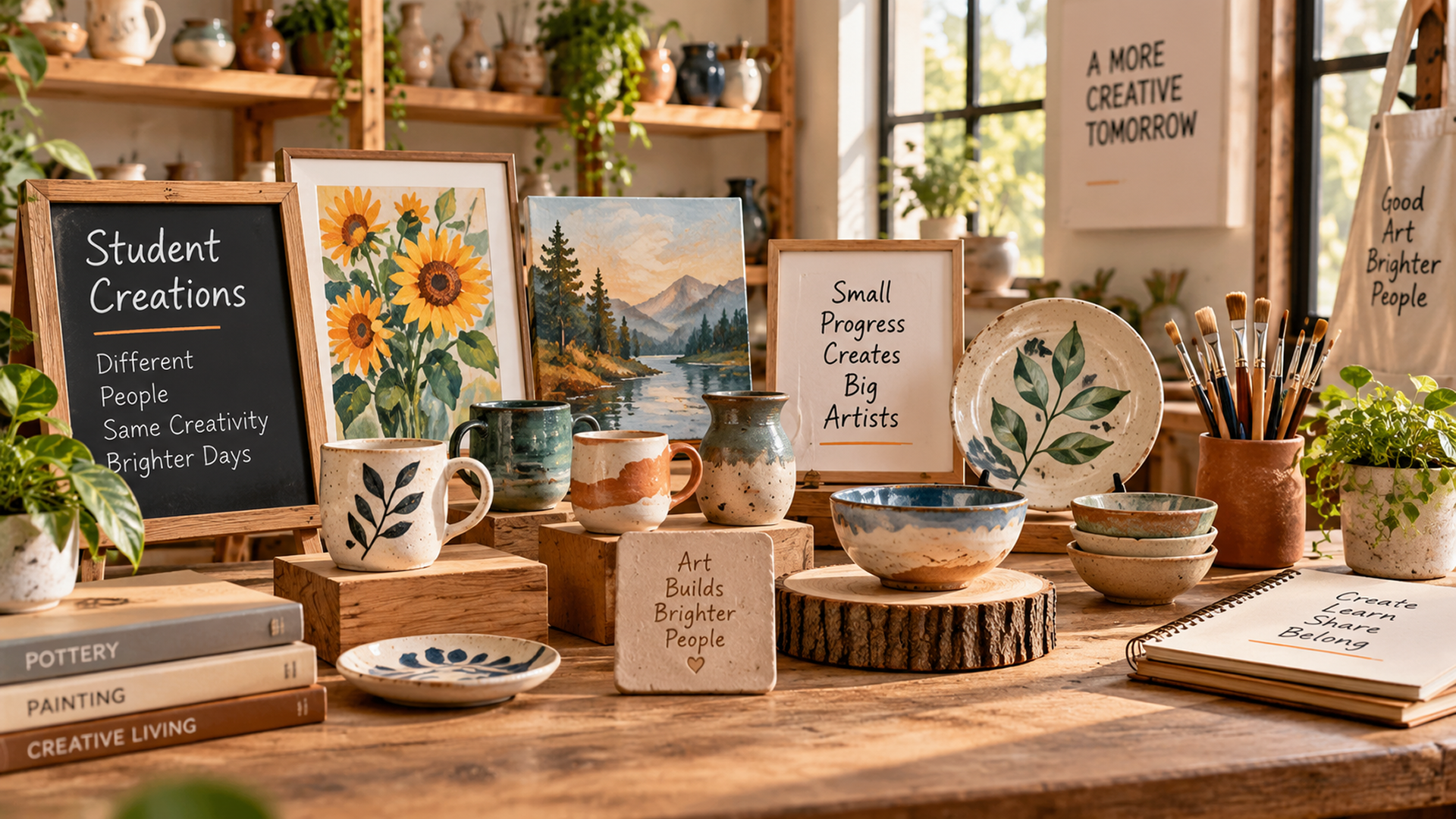 Collage Of Finished Student Artwork And Pottery Pieces Displayed On A Studio Shelf