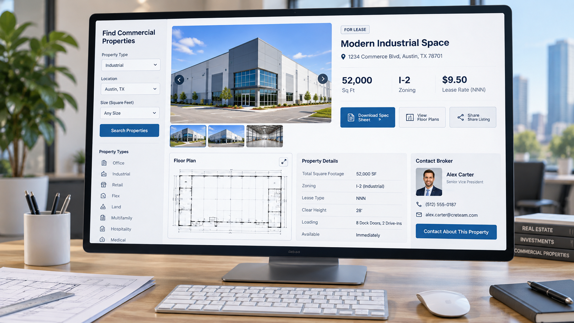 Commercial Property Listing Page On A Monitor Showing Floor Plans