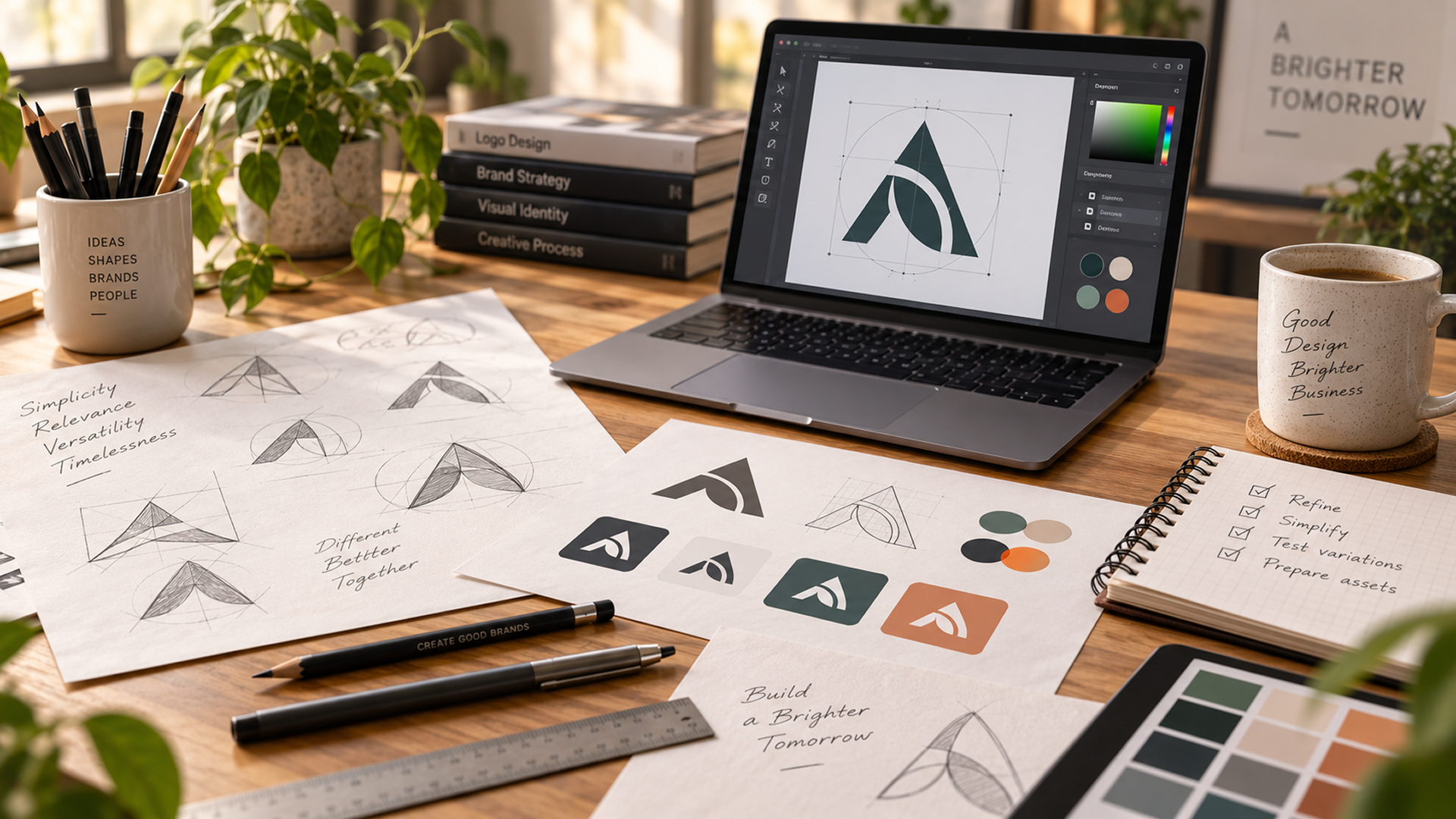 Designers Desk Showing Several Logo Concept Sketches