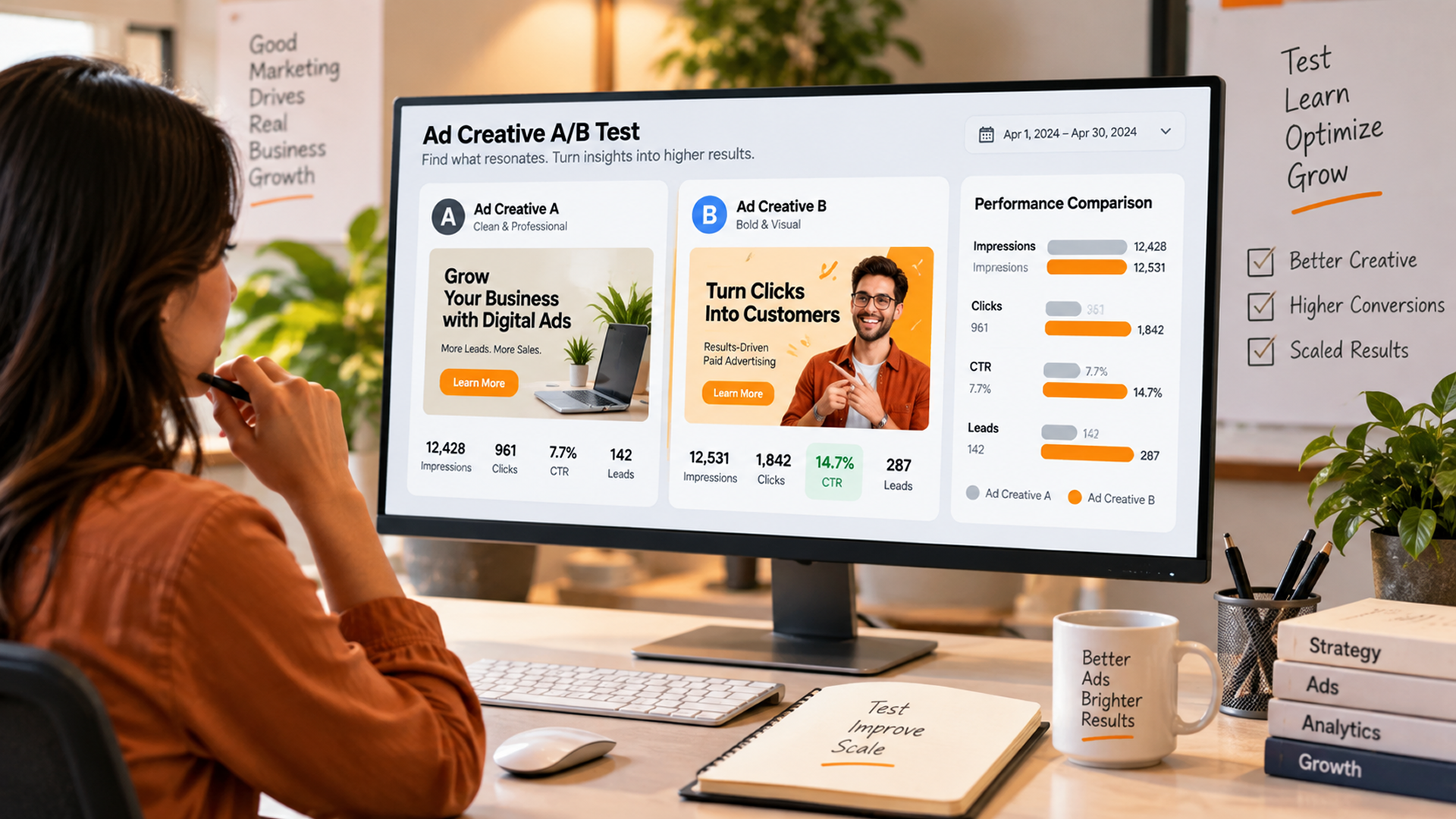 Marketer Reviewing AB Test Results For Two Ad Creative Variations