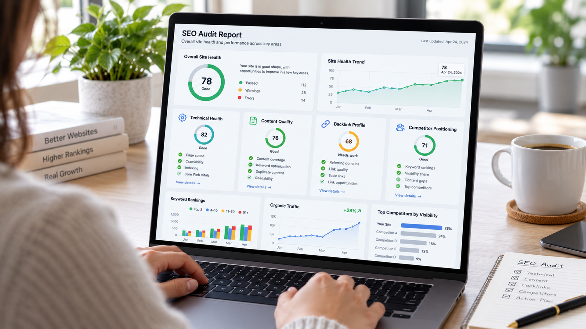 Person Reviewing An SEO Audit Report On A Laptop