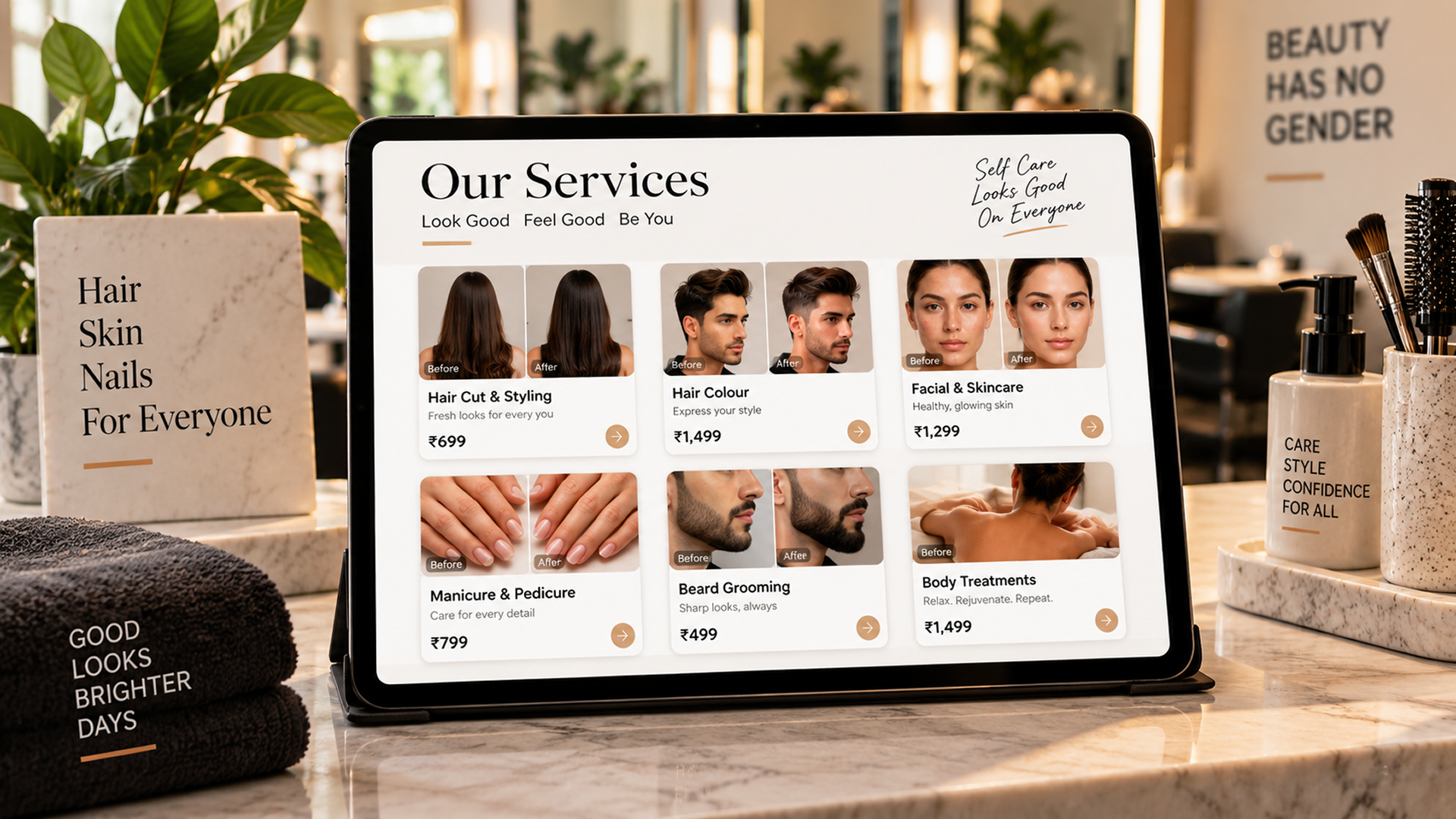 Salon Service Menu Displayed On A Tablet