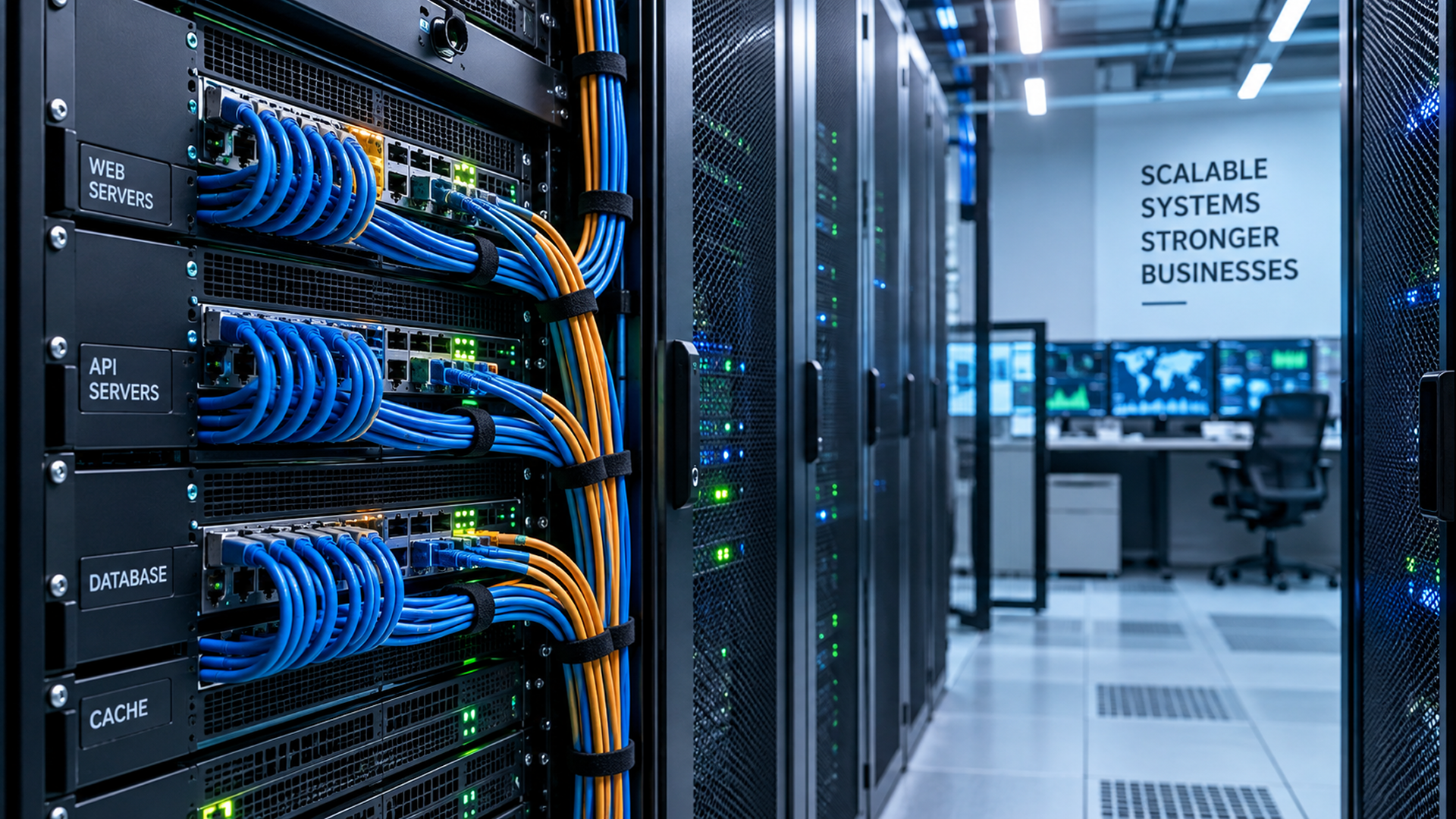 Server Rack And Network Cables In A Modern Data Center