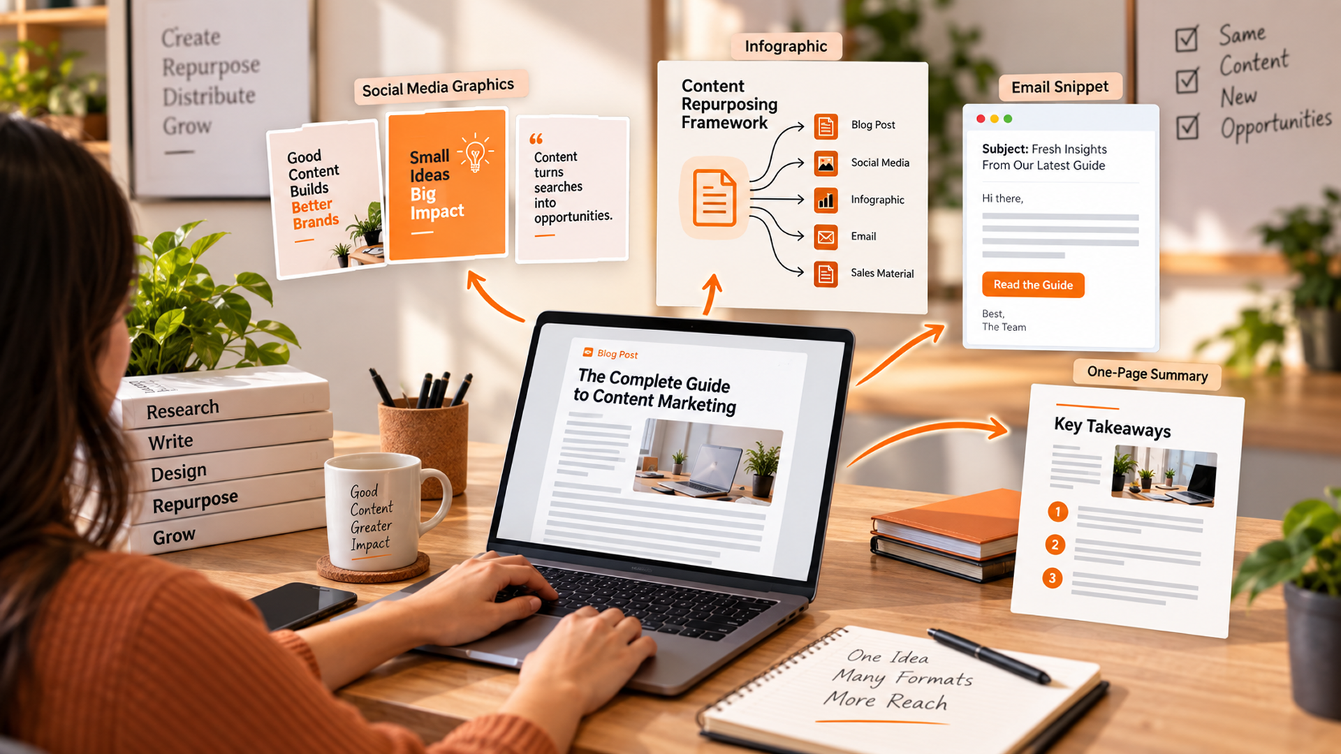 Single Long-Form Article Being Repurposed Into Social Media Graphics
