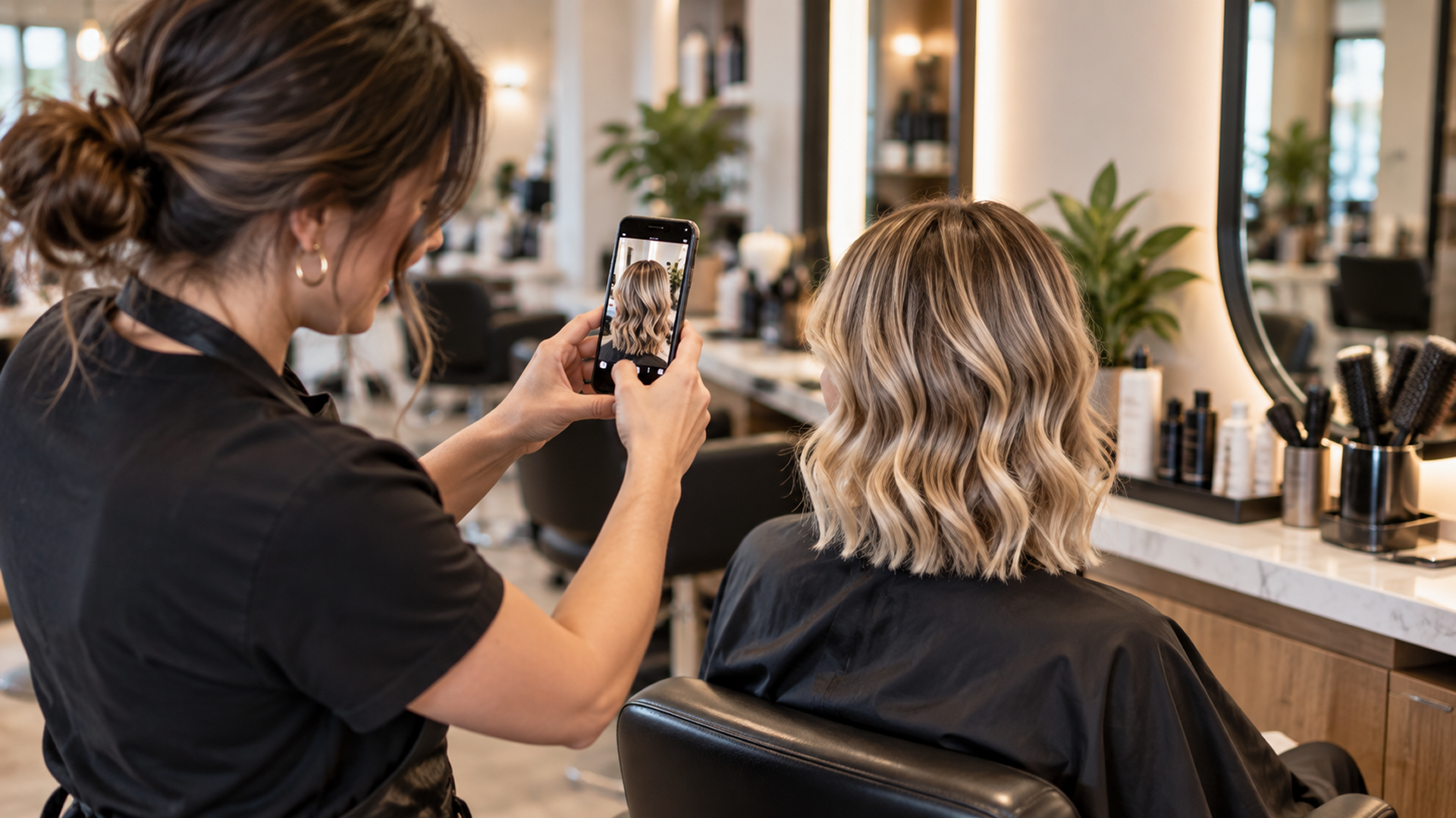 Stylist Photographing A Clients Finished Haircut In The Salon
