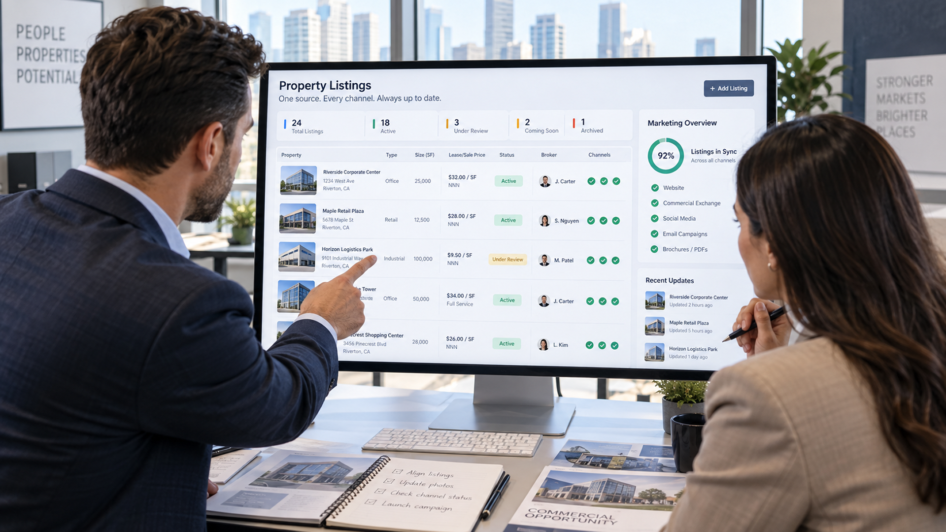 Team Of A Broker And Marketing Manager Reviewing A Centralized Property Listing