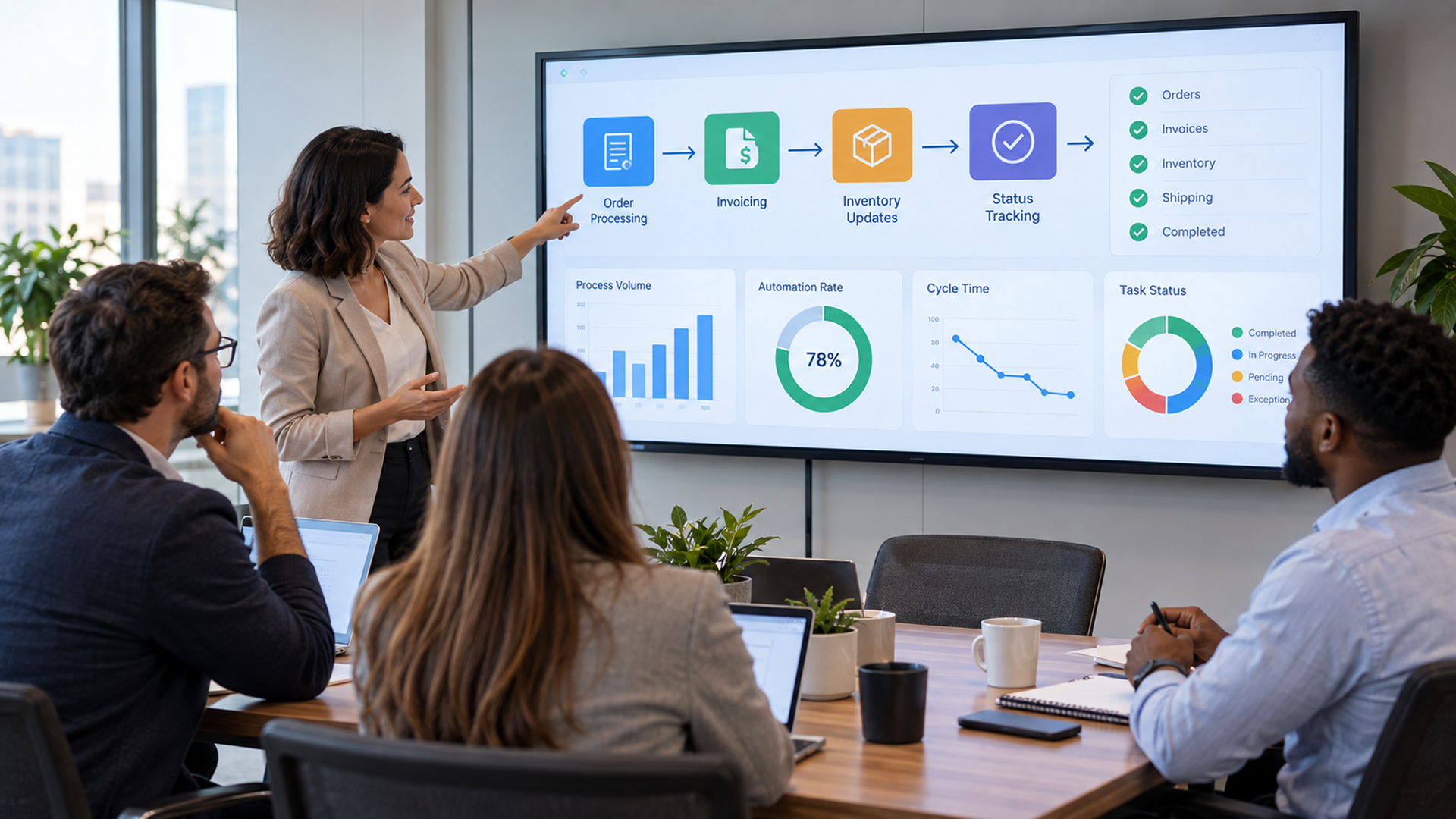 Team Reviewing A Workflow Automation Dashboard